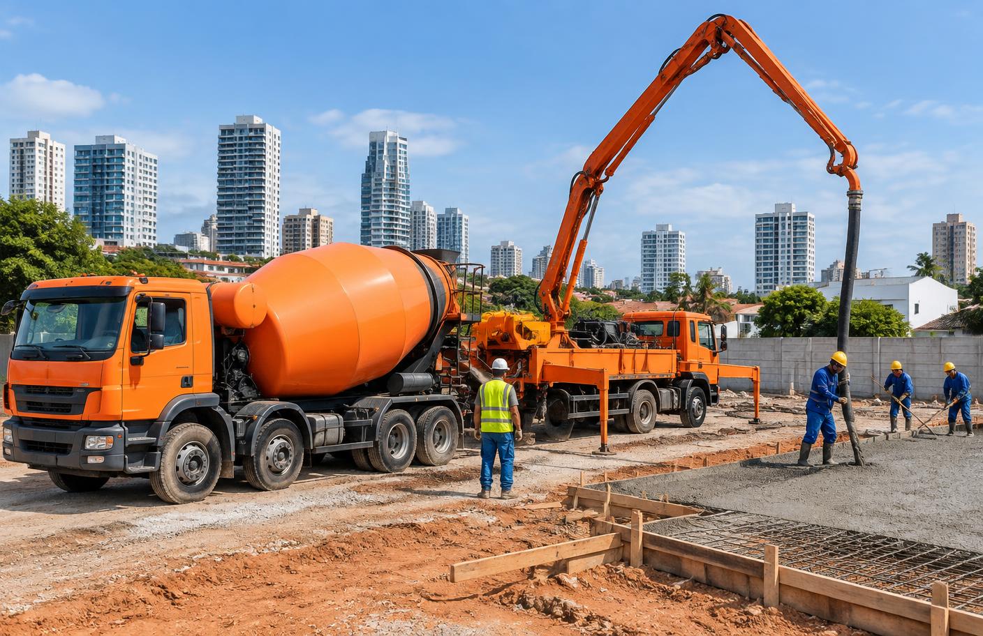 Caminhões de concreto em uma obra